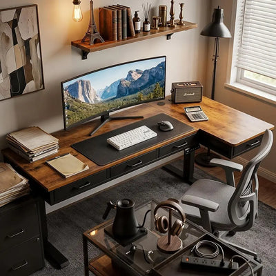 L Shaped Electric Desk, 63 Inch Height Adjustable Standing Workstation with Outlets