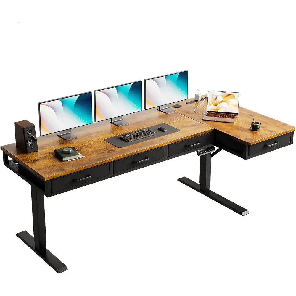 L Shaped Electric Desk, 63 Inch Height Adjustable Standing Workstation with Outlets