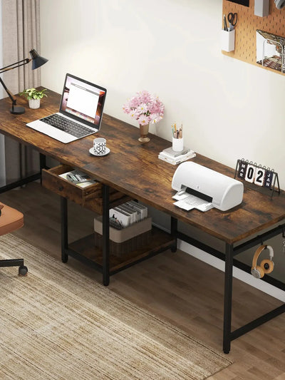 Two Person Desk, 78.74'' Long Double Computer Table with 2 Drawers & Shelves