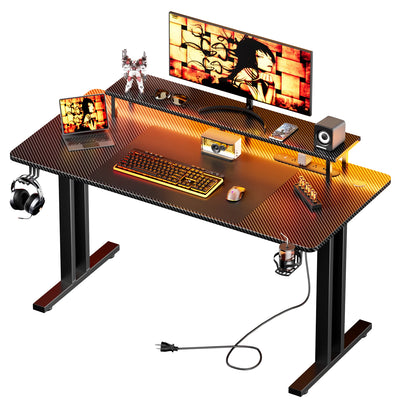 Gaming Desk with LED Lights, Power Outlet & Monitor Stand, Carbon Fiber