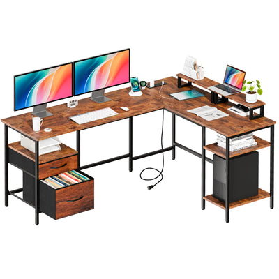 anadesks 62IN L Shaped Computer Desk with 2 Drawers Wood Table with Adjustable Storage Shelves Charging Station Desk for Office