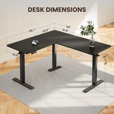 L-Shaped Standing Desk, 63" Electric Adjustable, Black, 220lbs