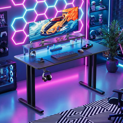 Gaming Desk with LED Lights, Power Outlet & Monitor Stand, Carbon Fiber
