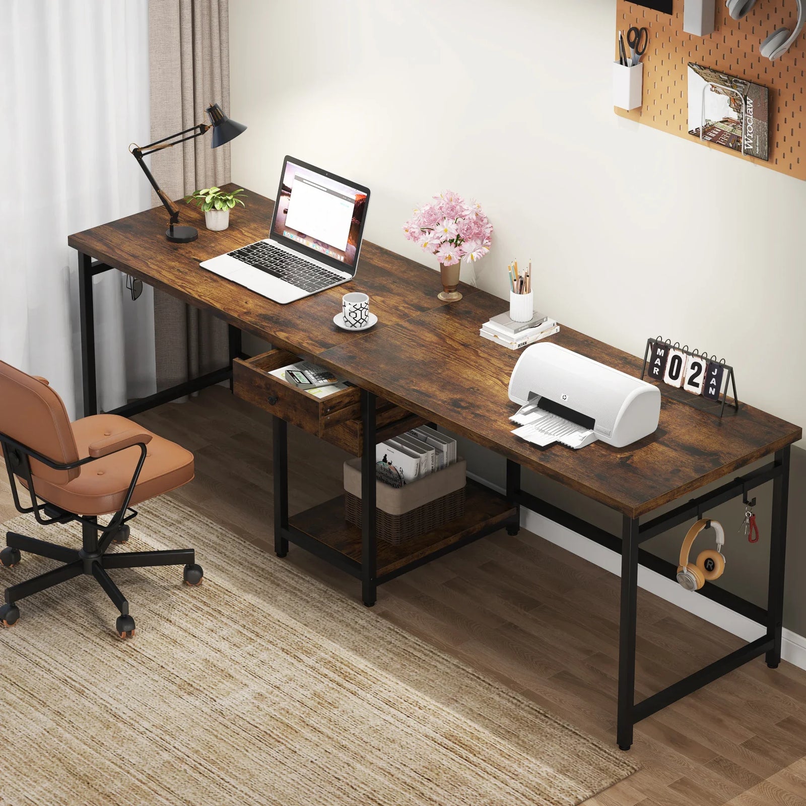 Two Person Desk, 78.74'' Long Double Computer Table with 2 Drawers & Shelves