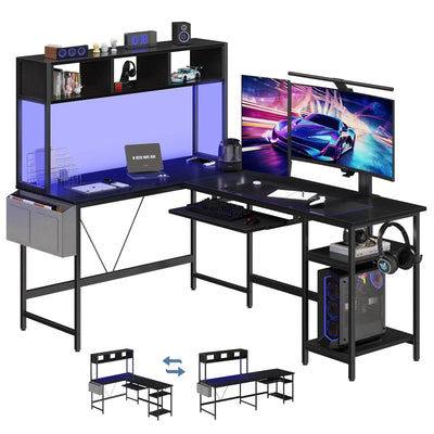 L Shaped Gaming Desk, 67" Corner Computer Table with LED Lighting, Storage Shelf